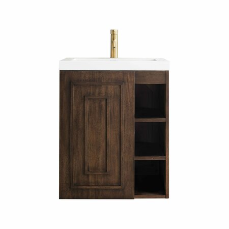 JAMES MARTIN VANITIES Alicante 24in Single Vanity, Mid-Century Acacia w/ White Glossy Composite Stone Top E110V24MCAWG